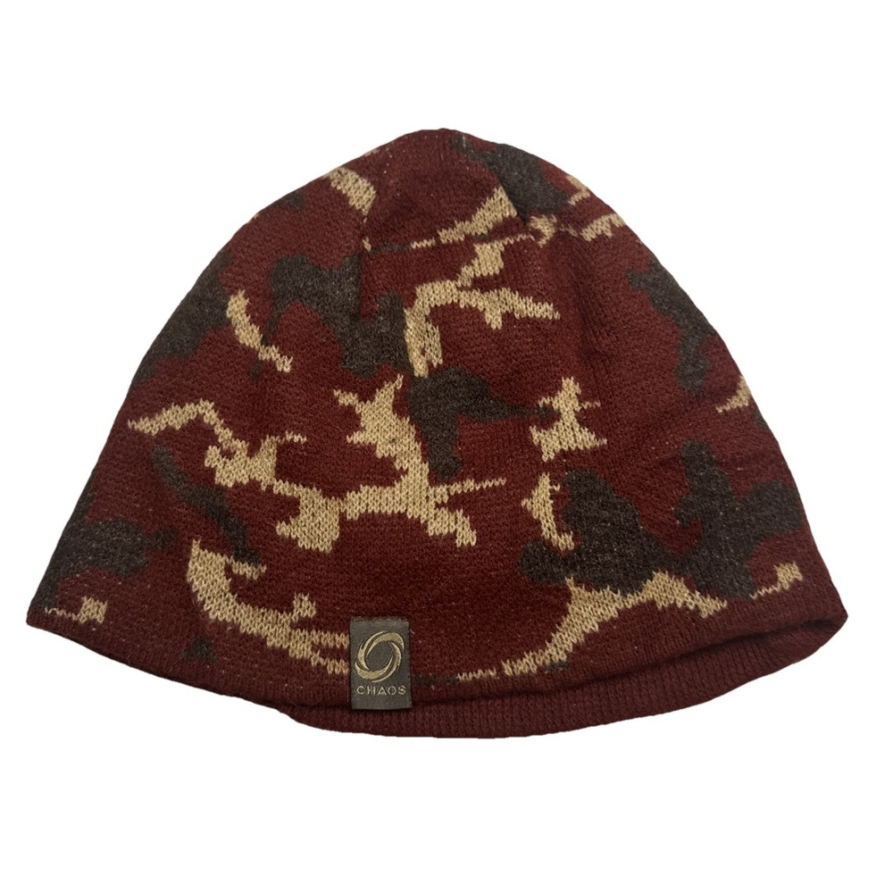 Chaos Mens Camo Beanie Burgundy Tan Knit Winter Hat Made in Canada RN 97913‎
